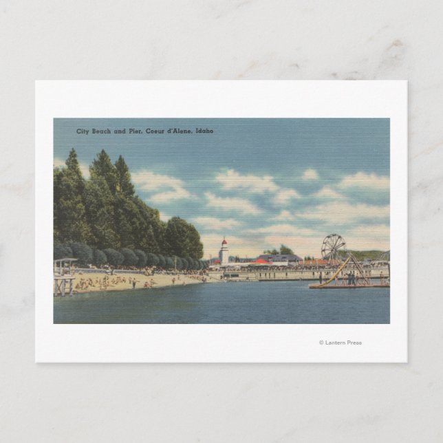 Coeur d'Alene, ID - View of City Beach & Pier Vykort (Framsida)