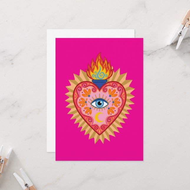 Cœur Sacré Mexicain avec Œil Protecteur et Flamme  Inbjudningar (Fram/Back In Situ)