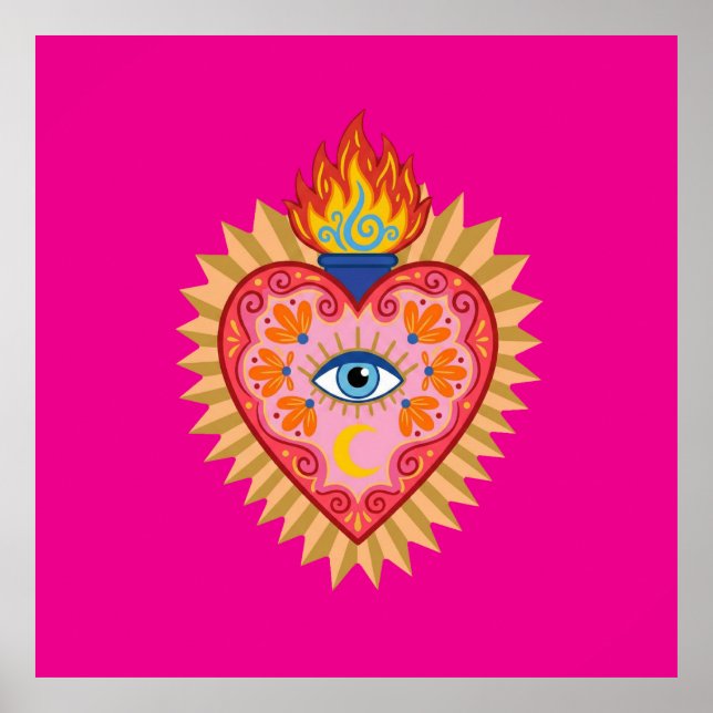 Cœur Sacré Mexicain avec Œil Protecteur et Flamme  Poster (Framsidan)