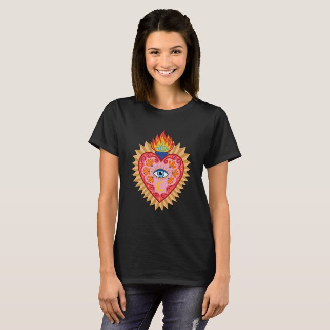 Cœur Sacré Mexicain avec Œil Protecteur et Flamme  T Shirt (Hel framsida)