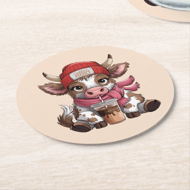 Coffee Addict Cow Underlägg Papper Rund (Vinklad)