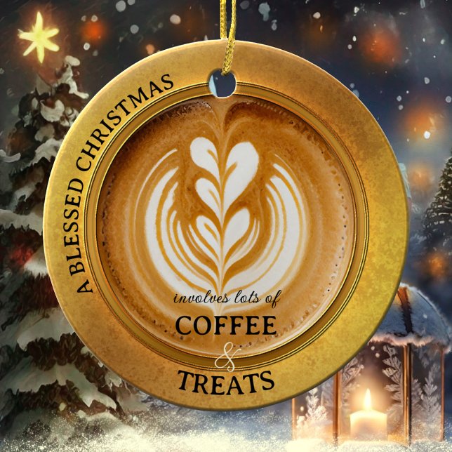 Coffee Älskare Cappuccino Julgransprydnad Keramik (A Christmas ornament featuring an elegant design with a cappuccino - perfect for a coffee lover!)