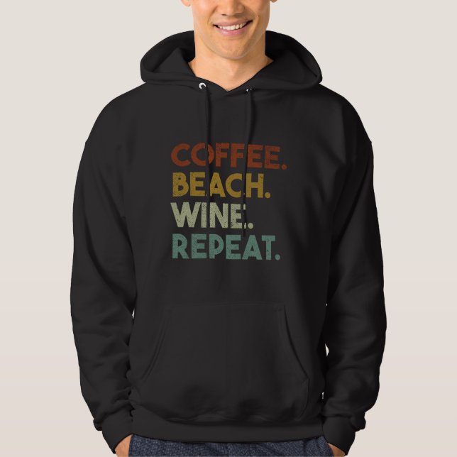 Coffee Beach Vin Repeat Funny Retro Beach Hoodie (Framsida)