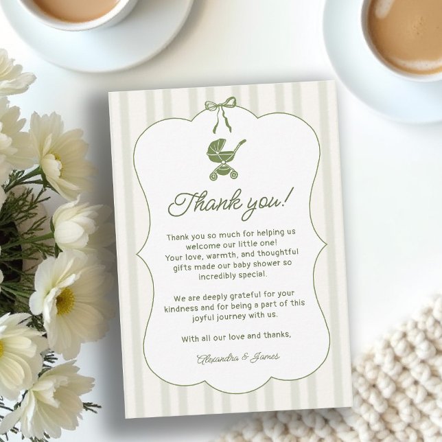 Coffee Bebe Brewing Stripes Brunch Baby Shower Tack Kort (baby shower brunch thank you card coffee theme brewing olive green bistro hand drawn paris bistro)