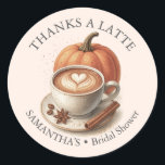 Coffee Bridal Shower Theme Pumpkin Spice Stickers Runt Klistermärke<br><div class="desc">Add a cozy and personalized touch to your celebration with these pumpkin spice stickers, designed for popular coffee bridal shower themes and perfect for a fall bridal shower theme. Featuring a charming coffee cup illustration and the phrase "Thanks a Latte, " these stickers are ideal for sealing favor bags, treat...</div>