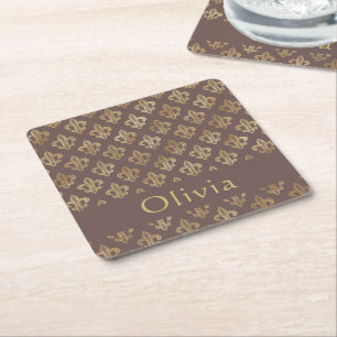 Coffee Brown & Guld Fleur De Lis Personlig Underlägg Papper Kvadrat