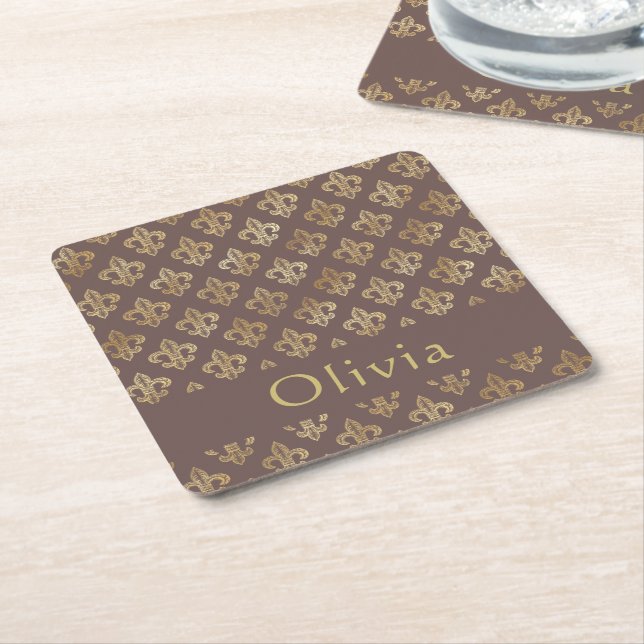 Coffee Brown & Guld Fleur De Lis Personlig Underlägg Papper Kvadrat (Vinklad)