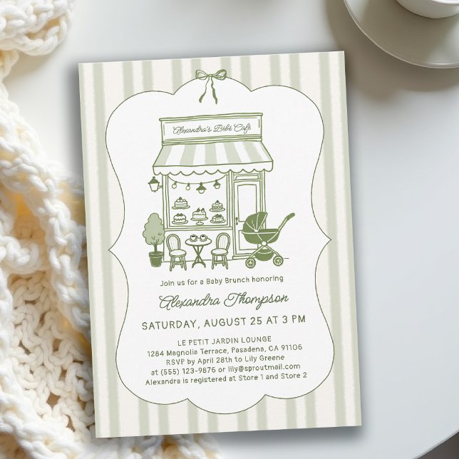 Coffee Brunch Bebe Brewing Neutral Baby Shower Inbjudningar (baby shower brunch invitation coffee theme brewing olive green bistro hand drawn modern chic stripes)