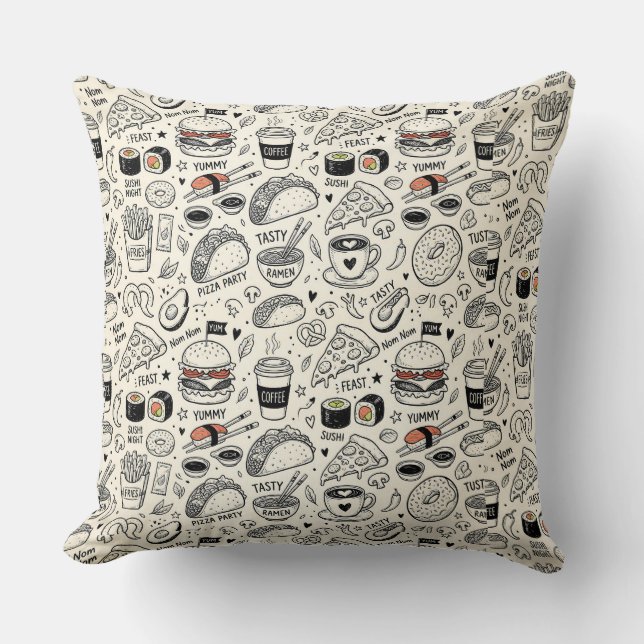 Coffee & Café Doodle Pattern –Cute Hand Drawn Food Kudde (Framsida)