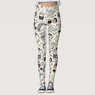 Coffee & Café Doodle Pattern –Cute Hand Drawn Food Leggings
