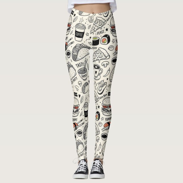Coffee & Café Doodle Pattern –Cute Hand Drawn Food Leggings (Framsida)