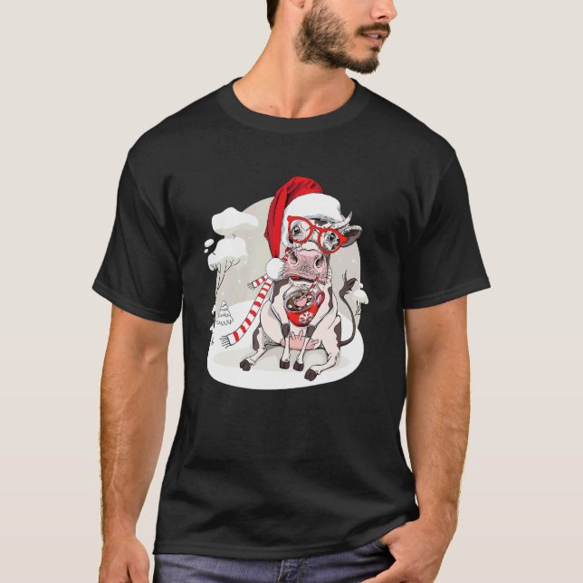 Coffee Cow Christmas Lights Cute Xmas Santa Hat An T Shirt (Framsida)