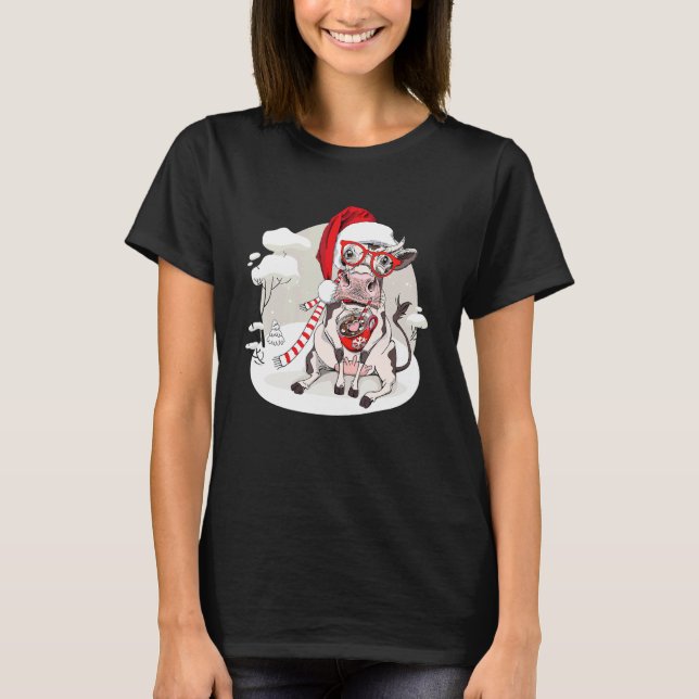 Coffee Cow Christmas Lights Cute Xmas Santa Hat An T Shirt (Framsida)