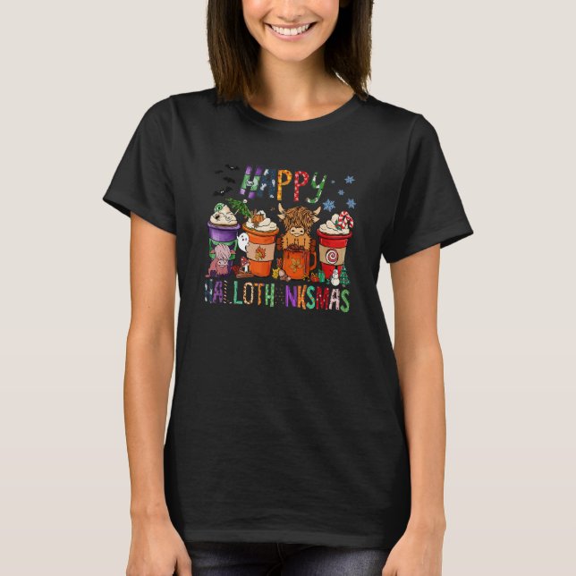 Coffee Cup Happy HalloThanksMas Heifer Highland Co T Shirt (Framsida)