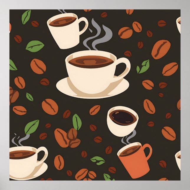 Coffee Cups Beans Morning Pattern Poster (Framsidan)