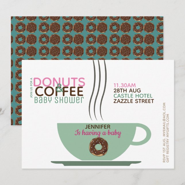 COFFEE-DONUTS Baby Shower-inbjudan Rosa Turq Inbjudningar (Fram/baksida)