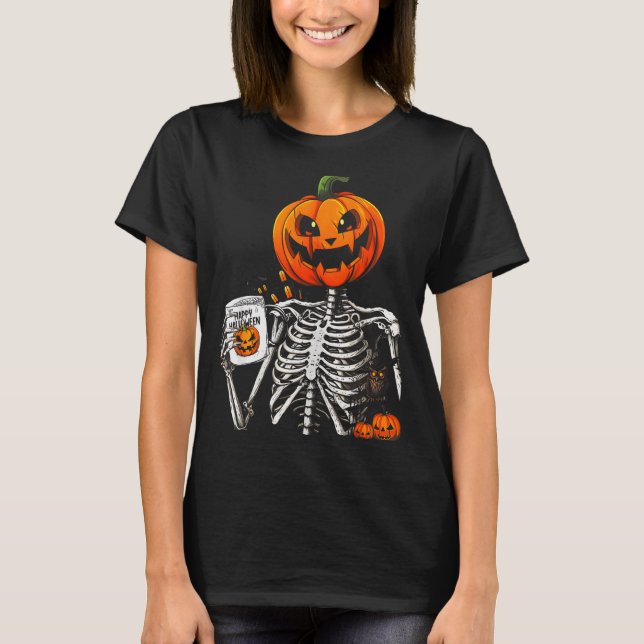 Coffee Drinking Skeleton Pumpkin Halloween Costume T Shirt (Framsida)