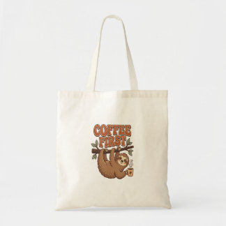 Coffee First Funny Sloth Tote Bag Tygkasse
