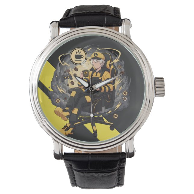 Coffee Gamer Anime Boy Yellow Aesthetic Art Armbandsur (Framsida)