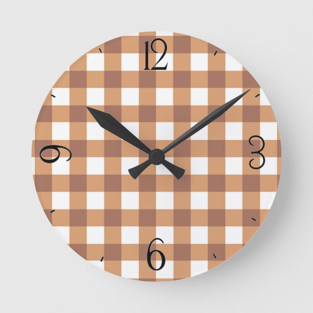 Coffee Gingham Clock Rund Klocka (Framsida)