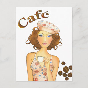 Coffee Girl Drinking Espresso Vykort