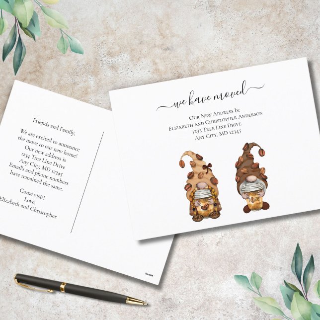 Coffee Gnome Flytta New Home Notification Postcard Helg Vykort (Coffee Gnome Moving Announcement postcard)