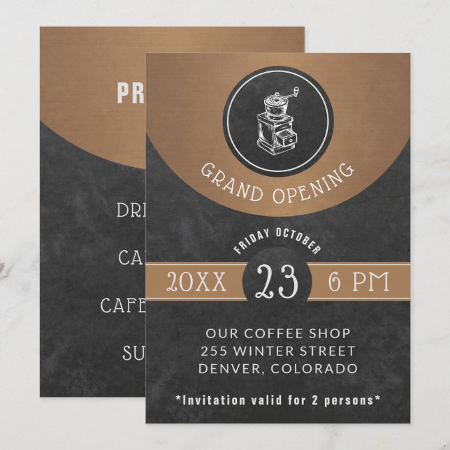Coffee House Logotyp Grand Open Copper and Black Inbjudningar (Fram/baksida)