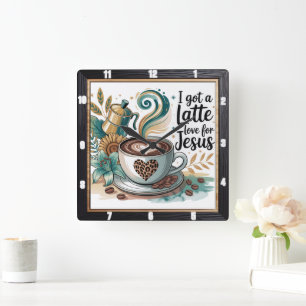Coffee Jesus Faith Blommigt Fyrkantig Klocka