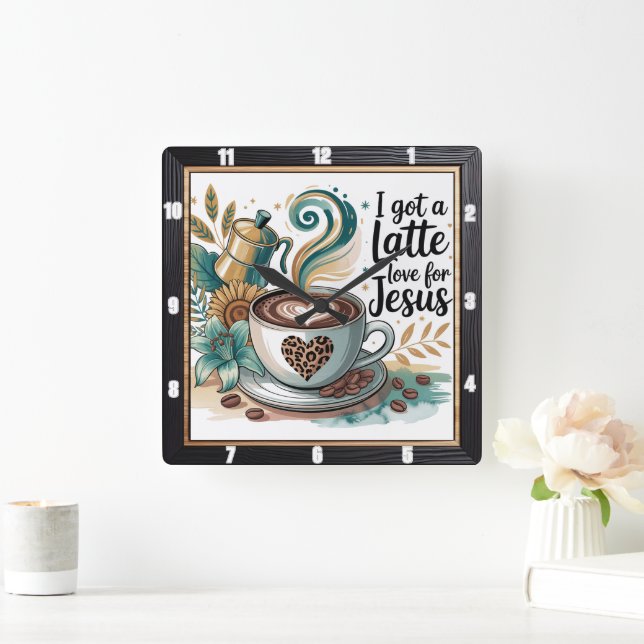 Coffee Jesus Faith Blommigt Fyrkantig Klocka (Hem)