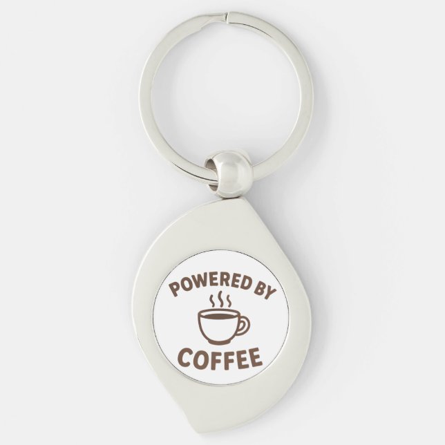 "Coffee Keychain" - "Powered by Coffee" Swirl Silverfärgad Nyckelring (Framsidan)