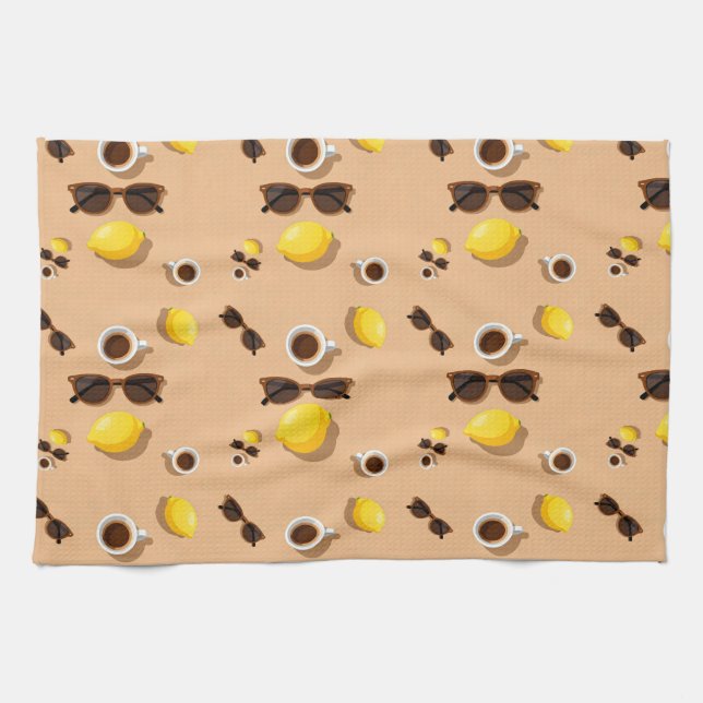 Coffee lemons and sunglasses on a warm sand kökshandduk (Horisontell)