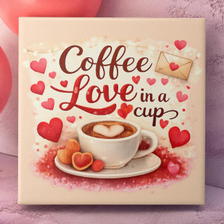 Coffee Love in a Cup Valentine Soft Pink Kakelplatta