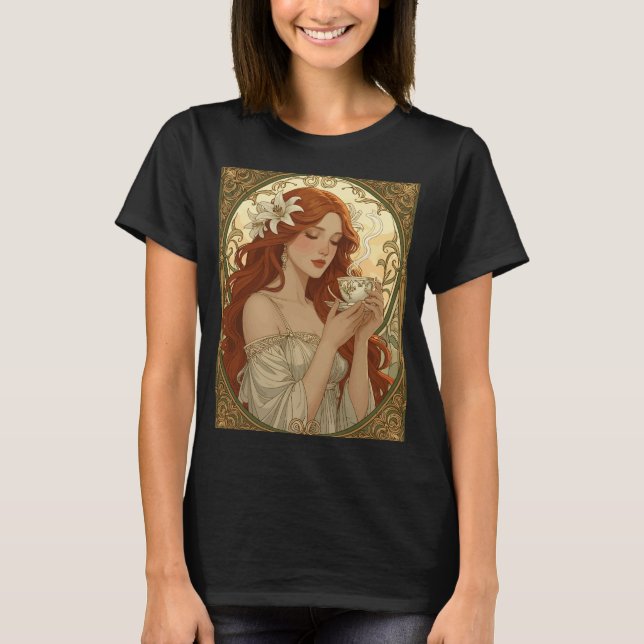 Coffee Lover And Lily Flowers Art Nouveau T Shirt (Framsida)