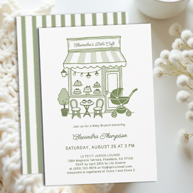 Coffee Lover Bebe Brewing Brunch Green Baby Shower Inbjudningar (baby shower brunch invitation coffee theme brewing olive green bistro hand drawn modern chic)