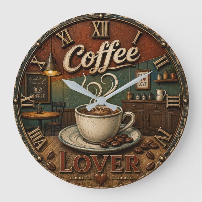 Coffee Lover Rustic Shop  Stor Klocka (Framsida)