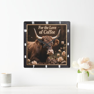 Coffee Loving Bull Fyrkantig Klocka