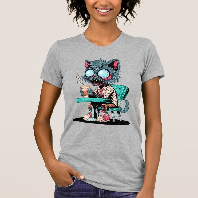 Coffee Loving Zombie Cat T Shirt (Framsida)