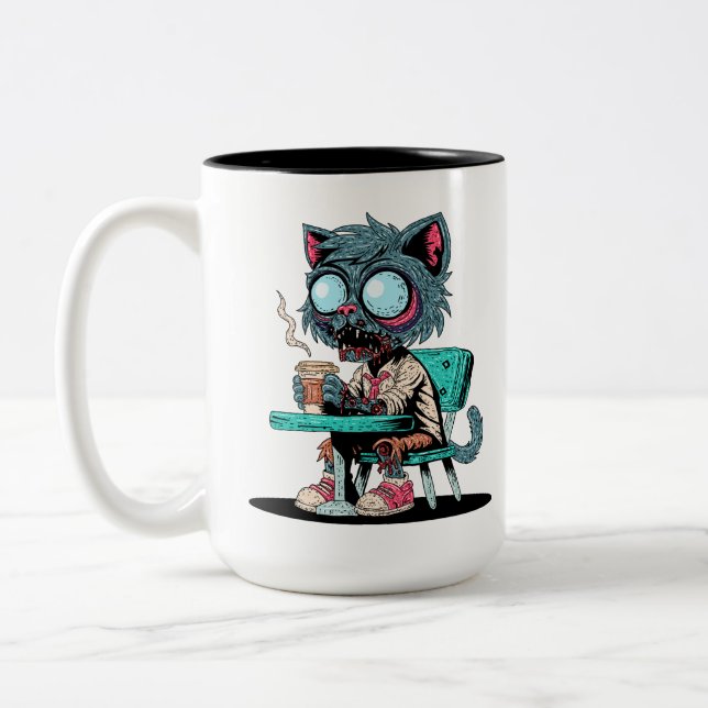 Coffee Loving Zombie Cat Två-Tonad Mugg (Vänster)