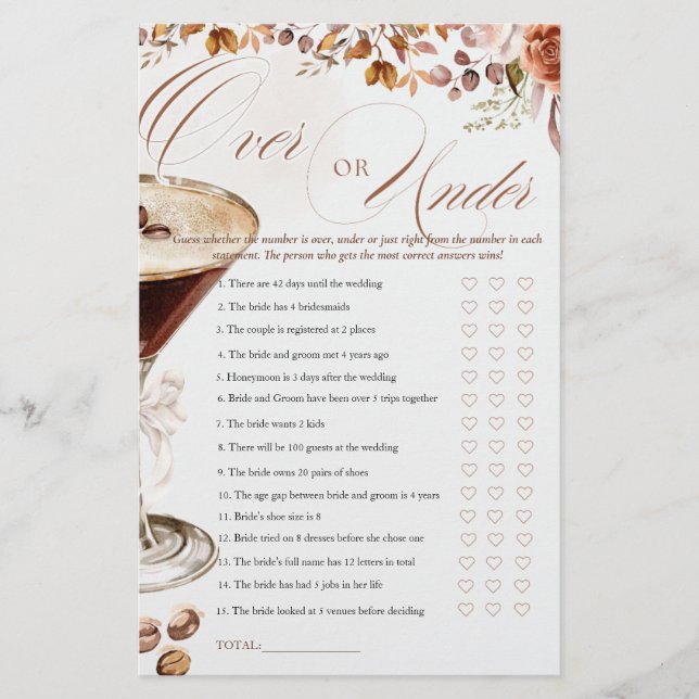 Coffee Martini Over or Under Bridal Shower Game (Framsida)