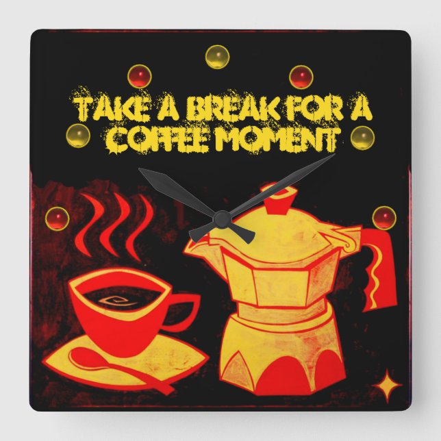 COFFEE MOMENT /Red Gult Coffee kopp och kistan Fyrkantig Klocka (Framsida)