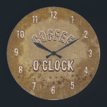 Coffee O'Clock Rustic Kitchen Stor Klocka<br><div class="desc">This rustic Coffee O'Clock wall clock features a warm coffee-inspired design with a burlap texture and natural coffee stain effects. The background mimics coffee splashes on fabric, creating a cozy and authentic café atmosphere. The soft beige and coffee tones make this clock a perfect addition to kitchen spaces, coffee bars,...</div>