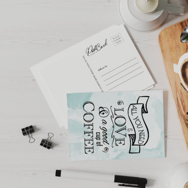 Coffee Ord Cute Friends säger hej om kärlek Kopp Vykort (Skapare uppladdad)