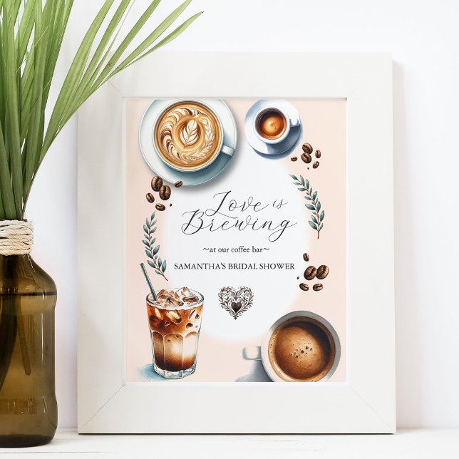 Coffee Pub Möhippa Tabletop-tecken Poster (Love is Brewing coffee bar bridal shower sign art and design Victoria Grigaliunas)
