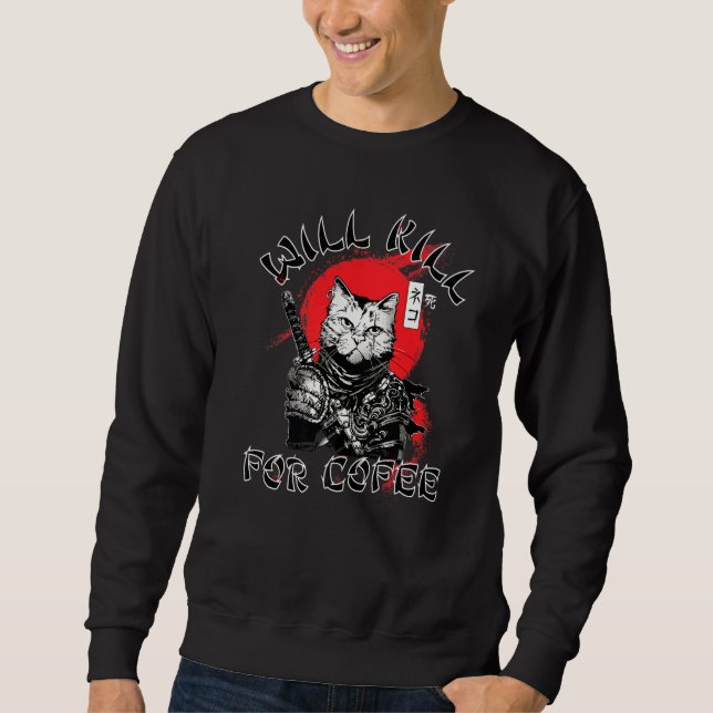 Coffee Samurai Cat Lång Ärmad Tröja (Framsida)