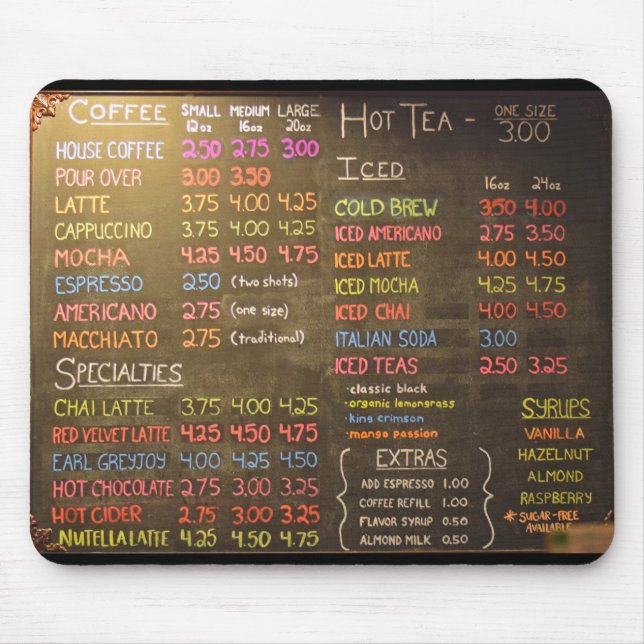 Coffee shopmenyn stiger ombord - musen vadderar musmatta (Framsidan)