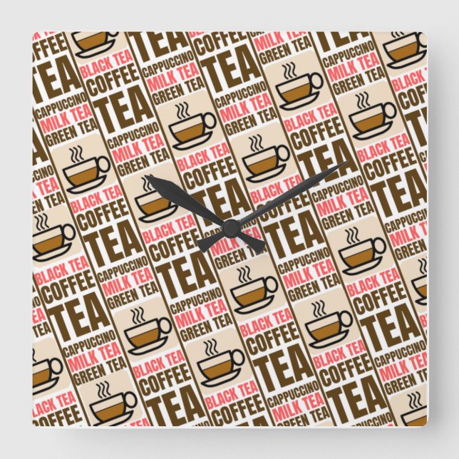 COFFEE TEA MÖNSTER, Akrylväggslås Fyrkantig Klocka (Framsida)