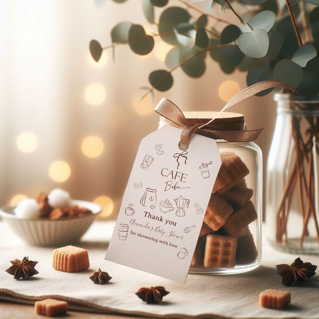 Coffee Theme Beige Cafe Bebe Brewing Baby Shower Presentetikett (Skapare uppladdad)