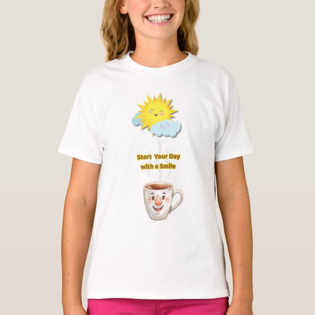 Coffee Time – Cute Smiling Cup T Shirt (Framsida)
