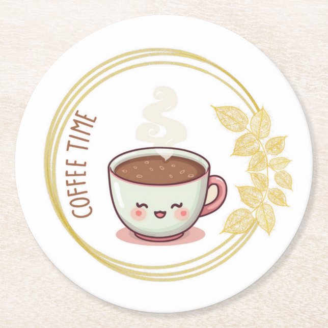 Coffee Time with Gold Leaf Coaster  Underlägg Papper Rund (Framsidan)
