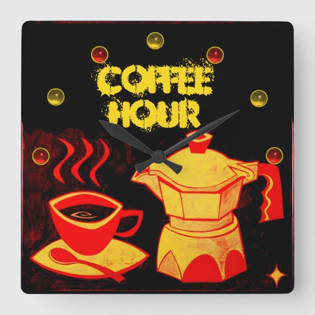 COFFEE TIMME/Red Gult Coffee kopp och CEIE Fyrkantig Klocka (Framsida)